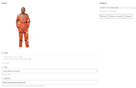 Abbildung 3: VQA prompt und Ausgabe für einen auffälligen Trainingsanzug auf replicate.com Abbildung 3: VQA prompt und Ausgabe für einen auffälligen Trainingsanzug auf replicate.com