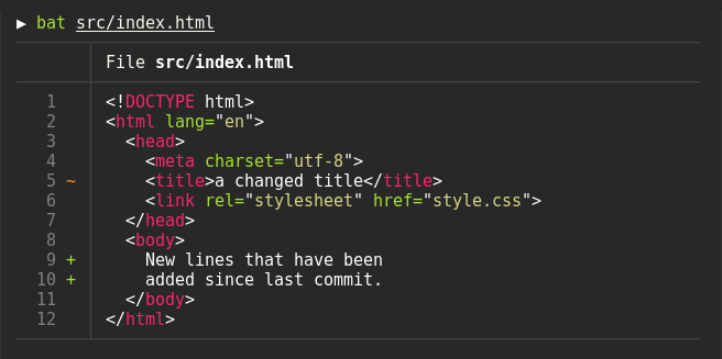 Anzeige einer HTML-Datei mit bat, einschließlich Syntaxhervorhebung und Git-Integration Anzeige einer HTML-Datei mit bat, einschließlich Syntaxhervorhebung und Git-Integration